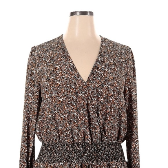 Michael Kors Faux Wrap Tier Ruffle Mini Dress XL NWT Floral Marigold Brown Boho - Picture 3 of 10